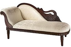 Victorian Swan Fainting Chaise Lounge sofa was a mainstay in the most opulent English and Parisian parlors of the early 19th century. Just as fashionable today as when ladies swooned on similar styles, our Design Toscano exclusive replica chaise lounge couch sends an upscale decorating message. Sometimes referred to as a Meridienne, our richly hand-rubbed hard-wood piece boasts a finely aged dark walnut finish. Upholstered in a beautifully textured "Old World" Italian tone on tone cream brocade fabric, the hand-carved hardwood back boasts a embellished swan motif. 